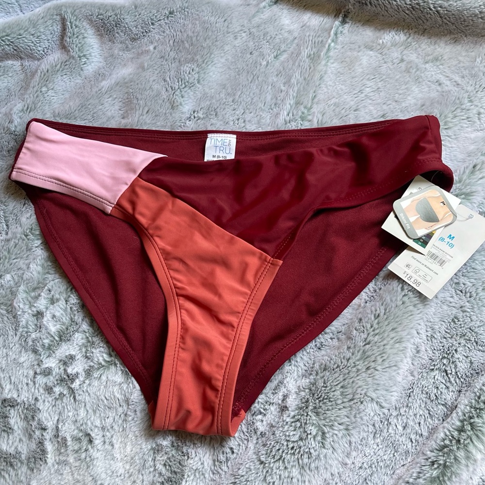 Time & Tru Colorblock Pink/Orange/Maroon Bikini Bottom Size M - NWT